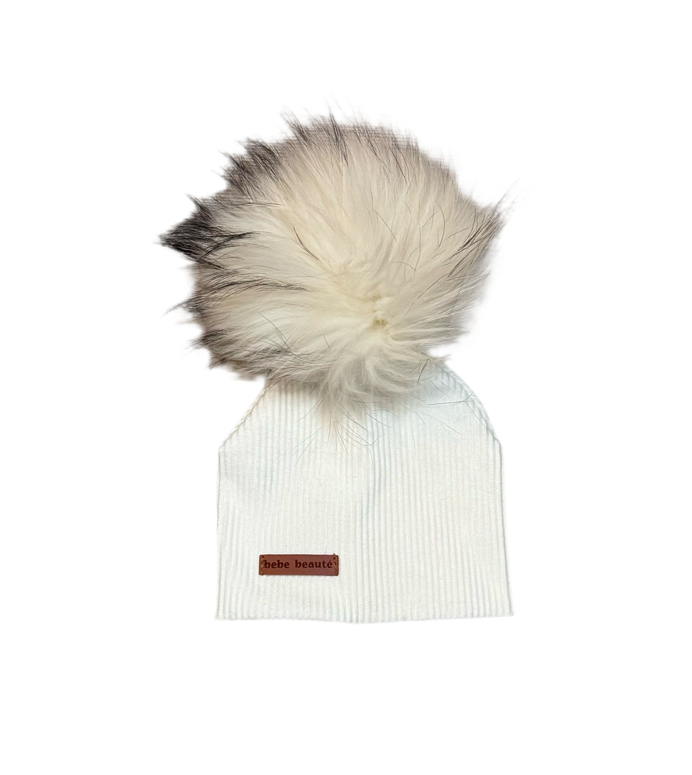 Bebe Beaute Ribbed White Beanie with White Pompom