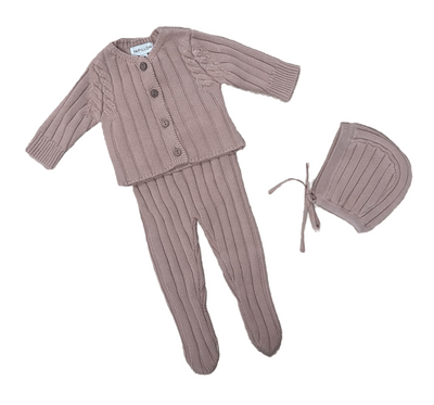 Papillon Mauve Knit Overall Footie with Sweater & Bonnet