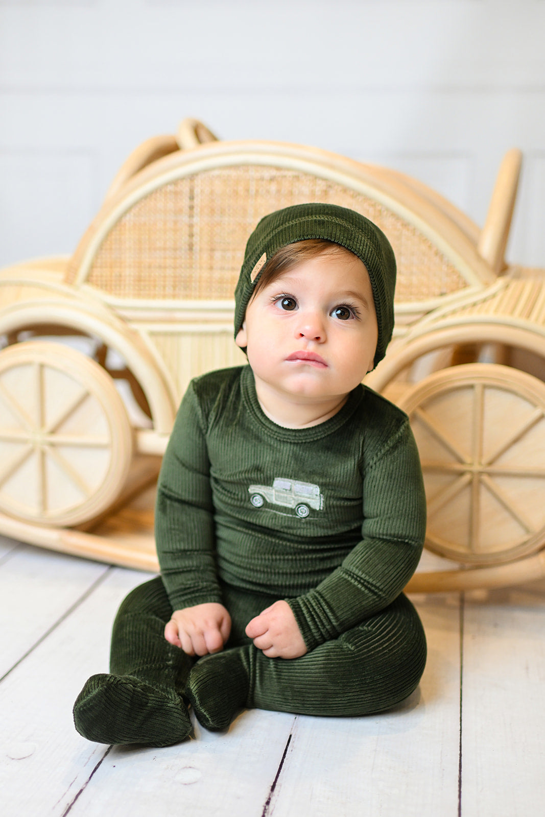 Adee Embroidered Car Green Velour Footie with Beanie