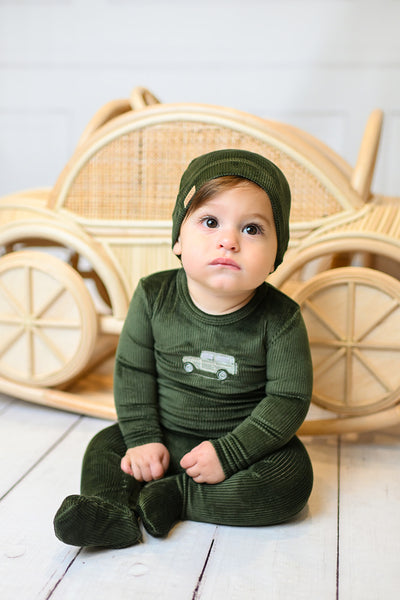 Adee Embroidered Car Green Velour Footie with Beanie