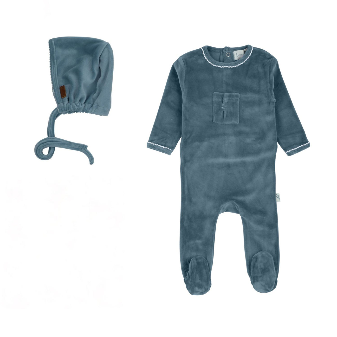 Bondoux Bebe Stitched Baby Blue Velour Footie with Bonnet