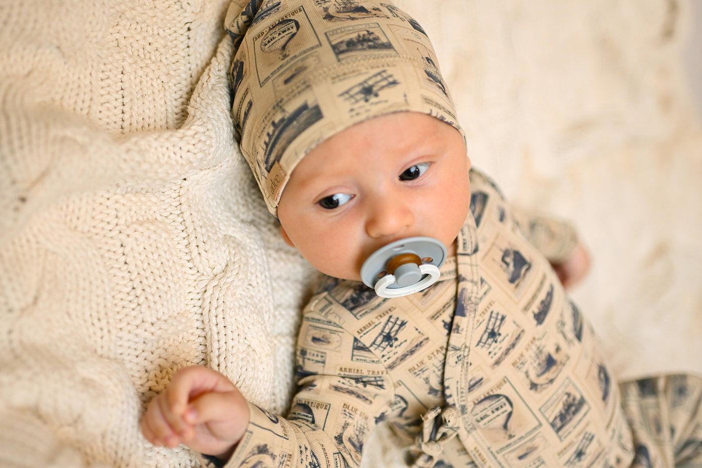 Adee Stamp Collection Tan/Navy Cotton Footie with Beanie