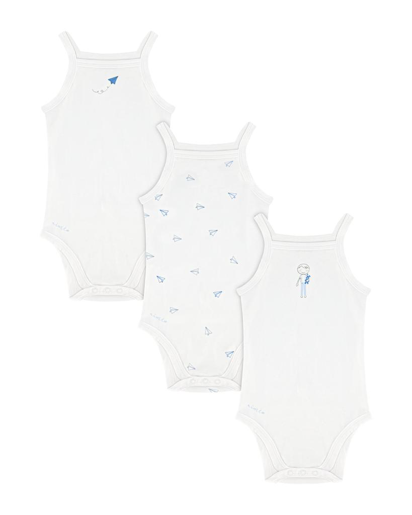 Aime Three Pack Spaghetti Strap Snap Crotch Undershirts - White/Blue Prints