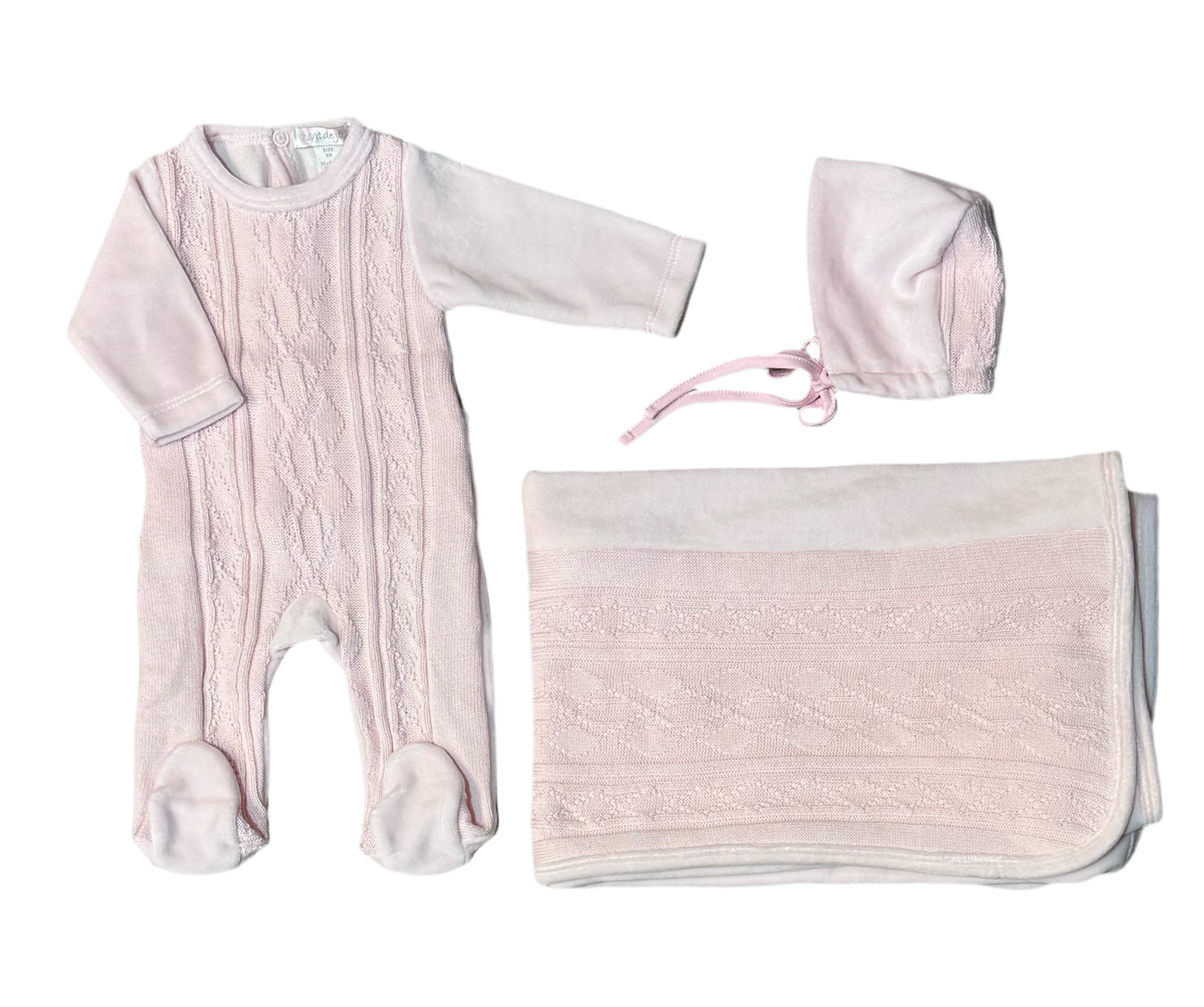 Chante de Joie Knit Panel Pink Velour Footie with Bonnet