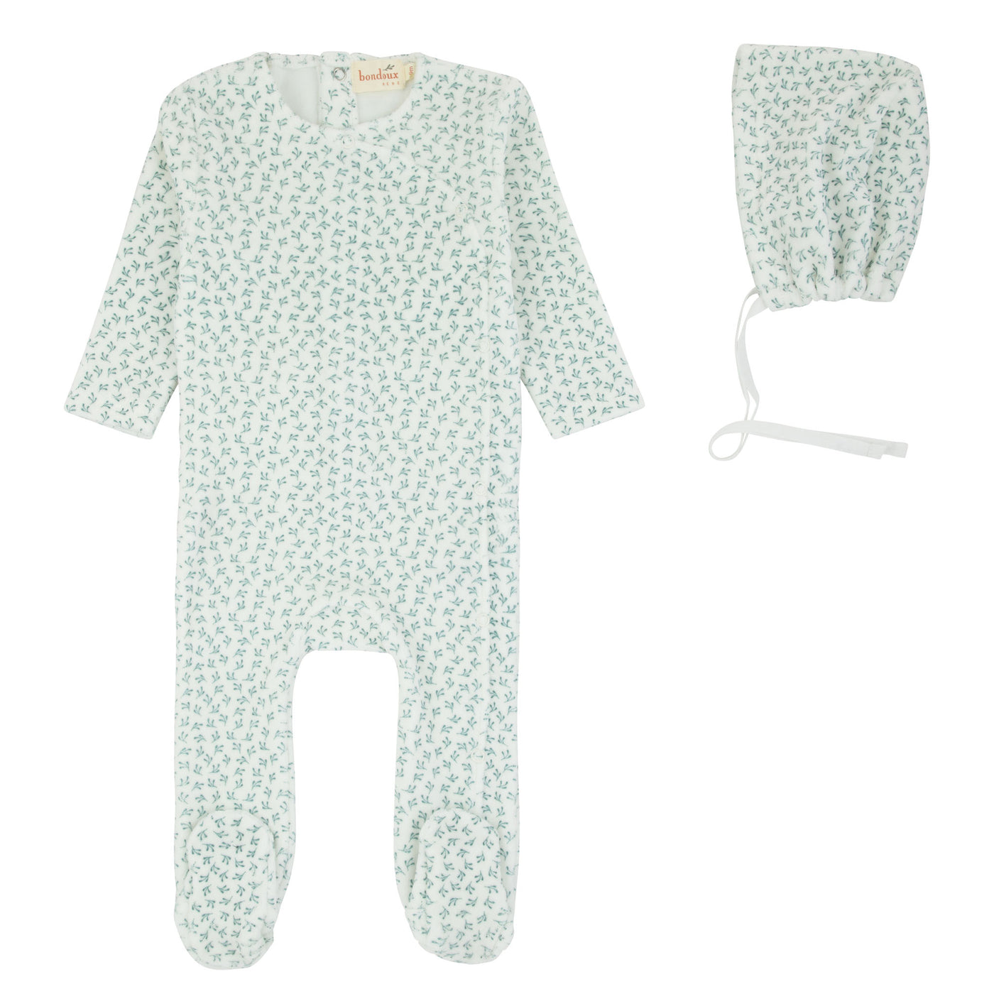 Bondoux Bebe Leaf Blue Velour Footie with Bonnet