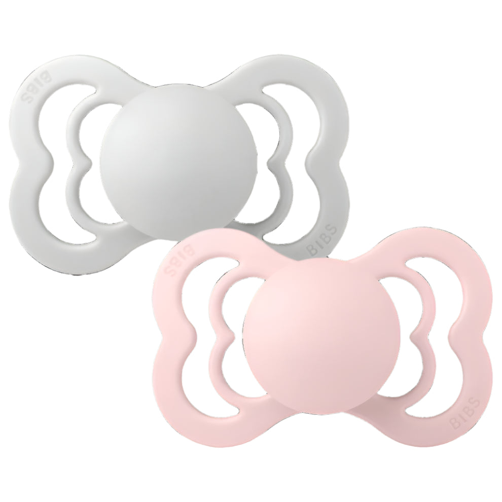 Bibs Two Pack Symmetrical Silicone Haze/Blossom Supreme Pacifiers