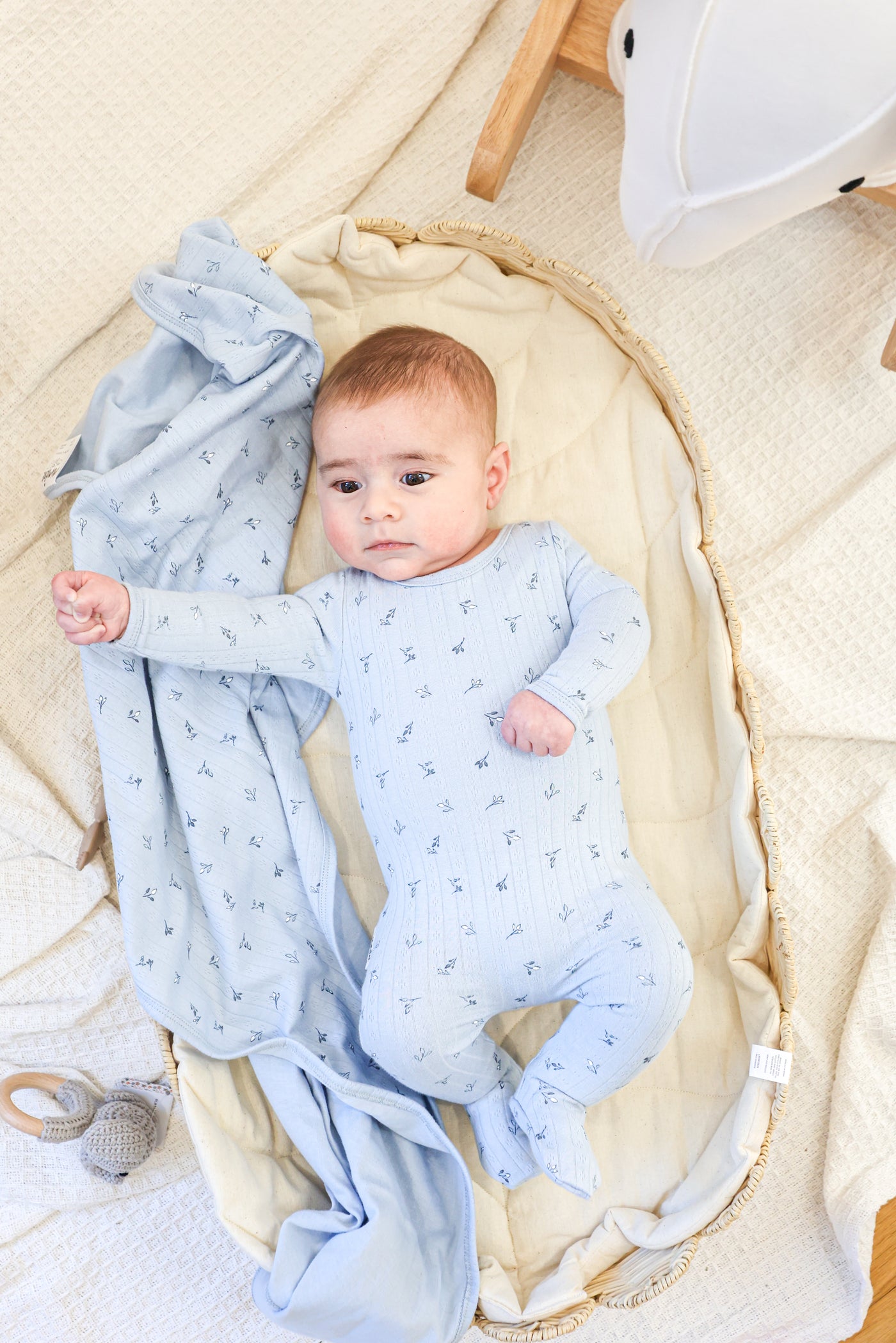 Maniere Pointelle Leaves Baby Blue Cotton Ribbed Footie with Bonnet