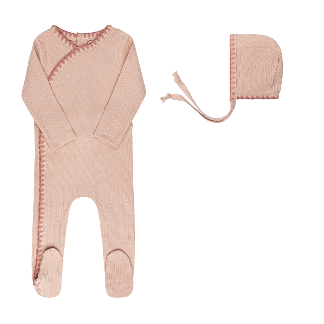 Ely's & Co. Whip Stitch Collection Pink Cotton Footie with Bonnet