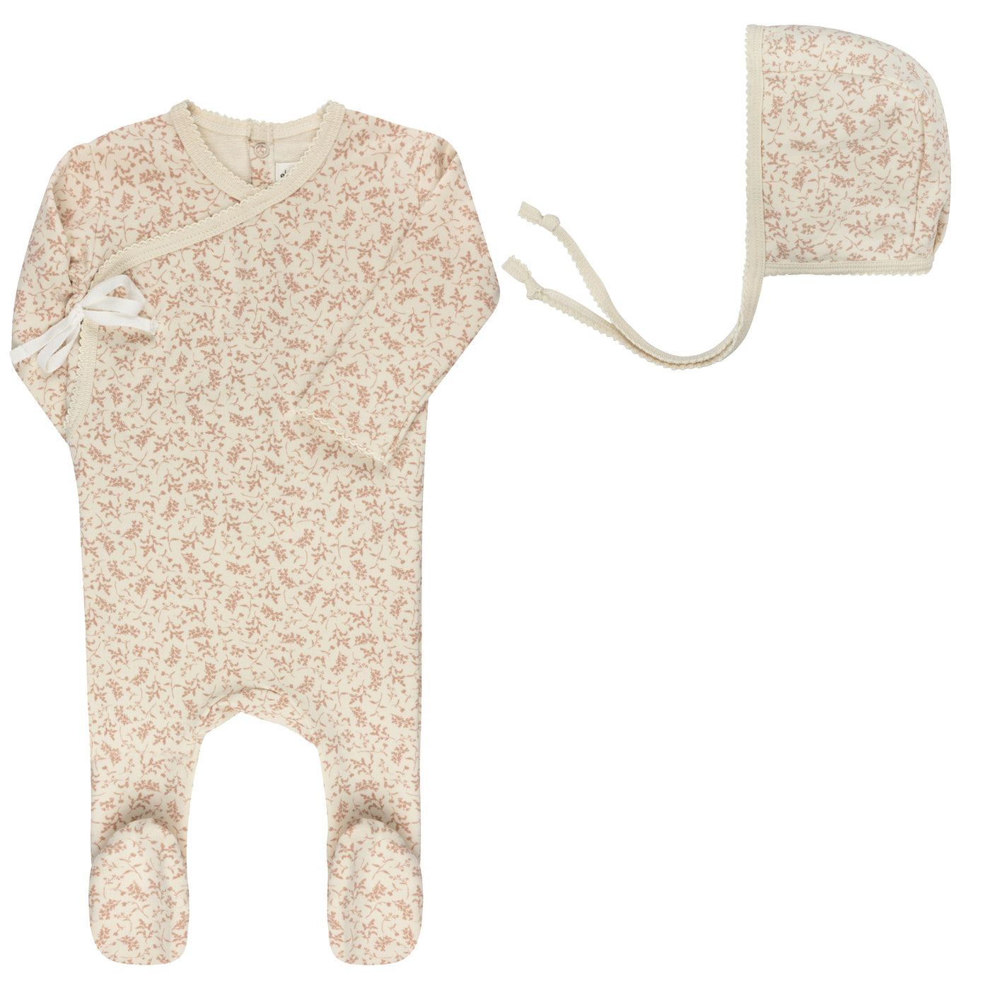 Ely's & Co. Vine Collection Ivory/Pink Cotton Footie with Bonnet