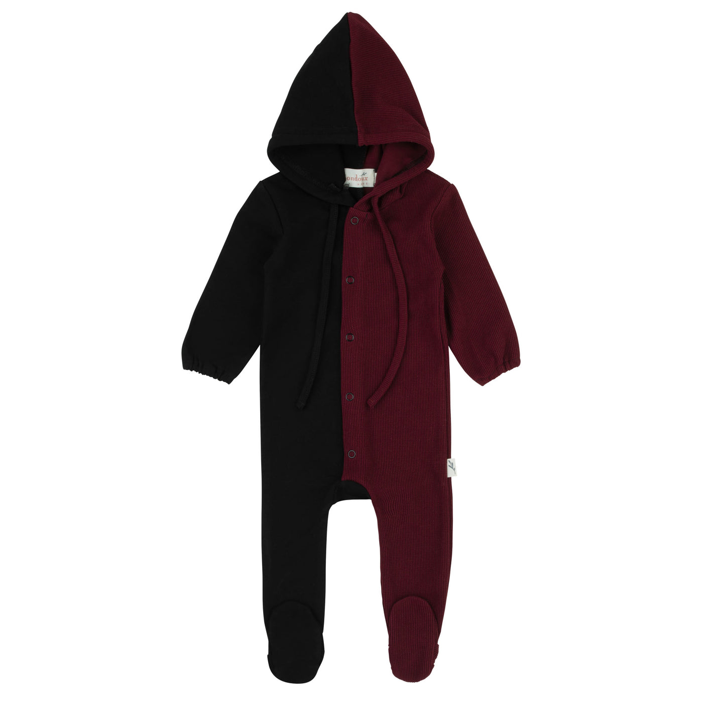 Bondoux Bebe Black-N-Colored Burgundy Cotton Ribbed Footie with Hood