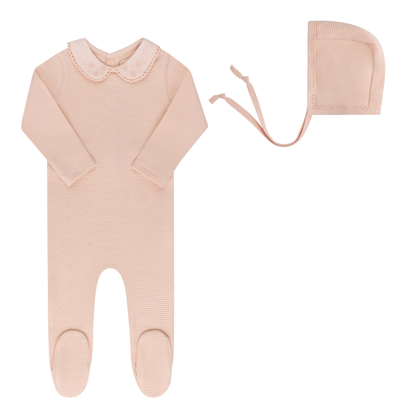 Ely's & Co. Embroidered Collar Collection Pink Cotton Waffle Footie with Bonnet