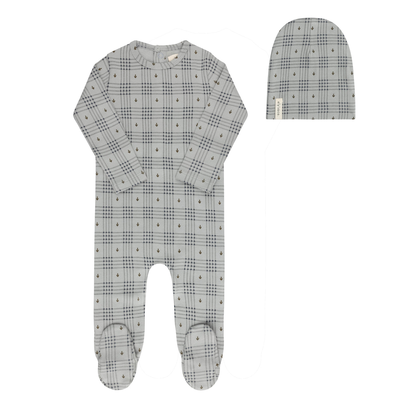 Ely's & Co. Floral Plaid Collection Blue Cotton Footie with Beanie