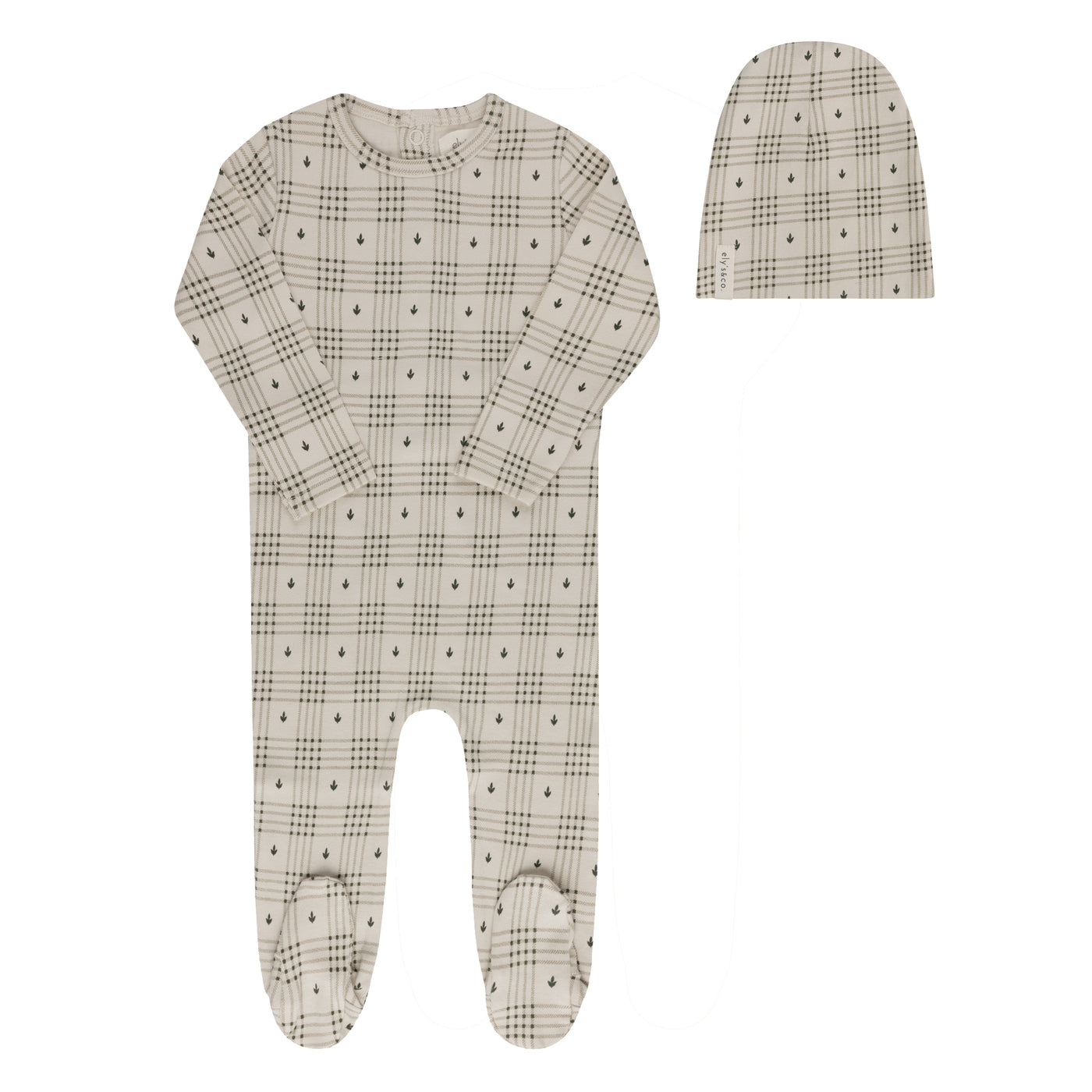 Ely's & Co. Floral Plaid Collection Tan Cotton Footie with Beanie