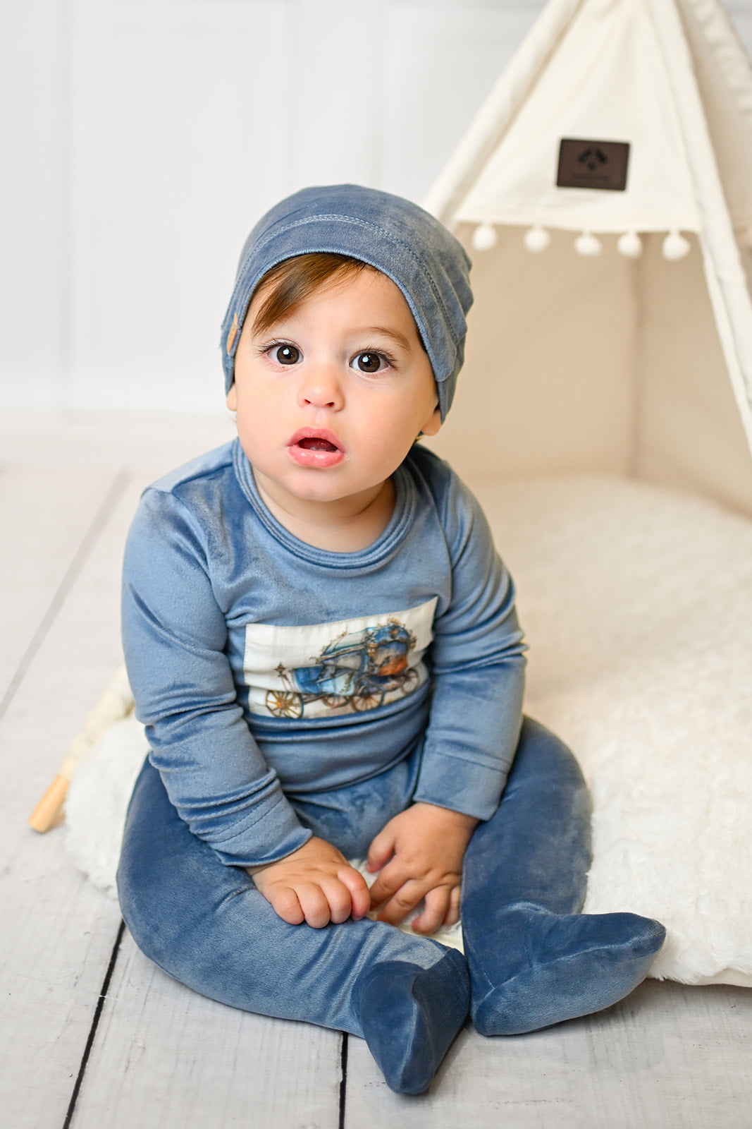 Adee Carriage Collection Dusty Blue Velour Footie with Bonnet