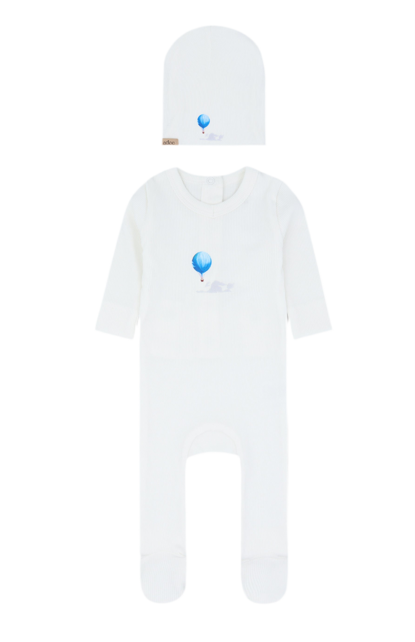 Adee Blue Hot Air Balloon White Cotton Ribbed Footie with Beanie