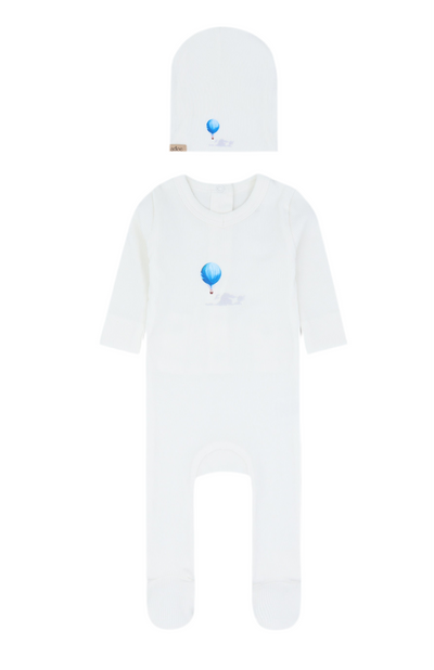 Adee Blue Hot Air Balloon White Cotton Ribbed Footie with Beanie