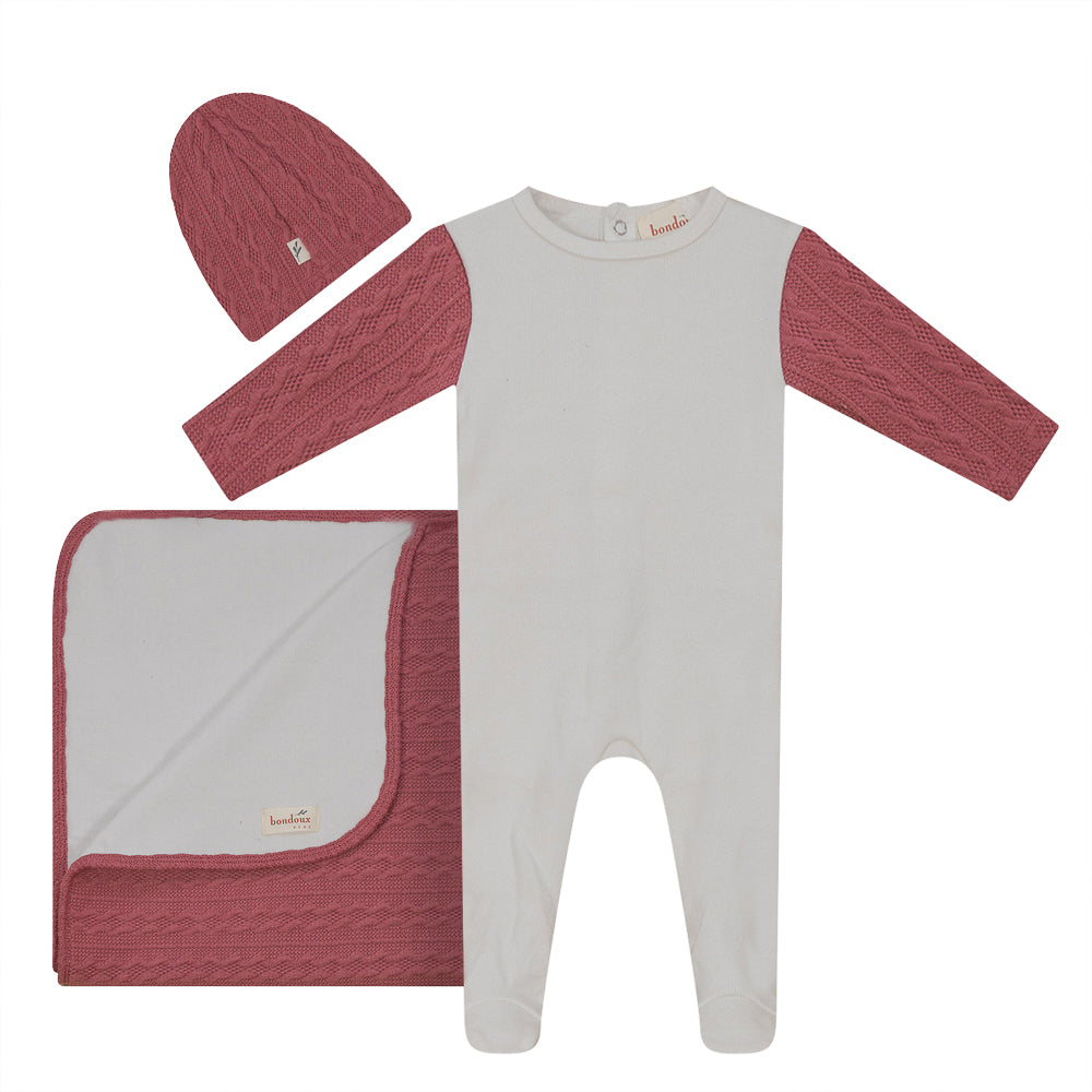 Bondoux Bebe White Ribbed Velour/Raspberry Cable Knit Three Piece Set