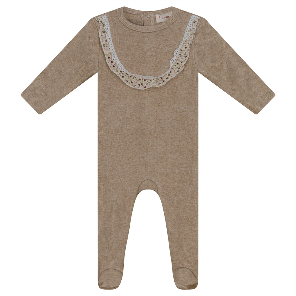 Bondoux Bebe Floral Lace Ruffle Beige Knit Footie