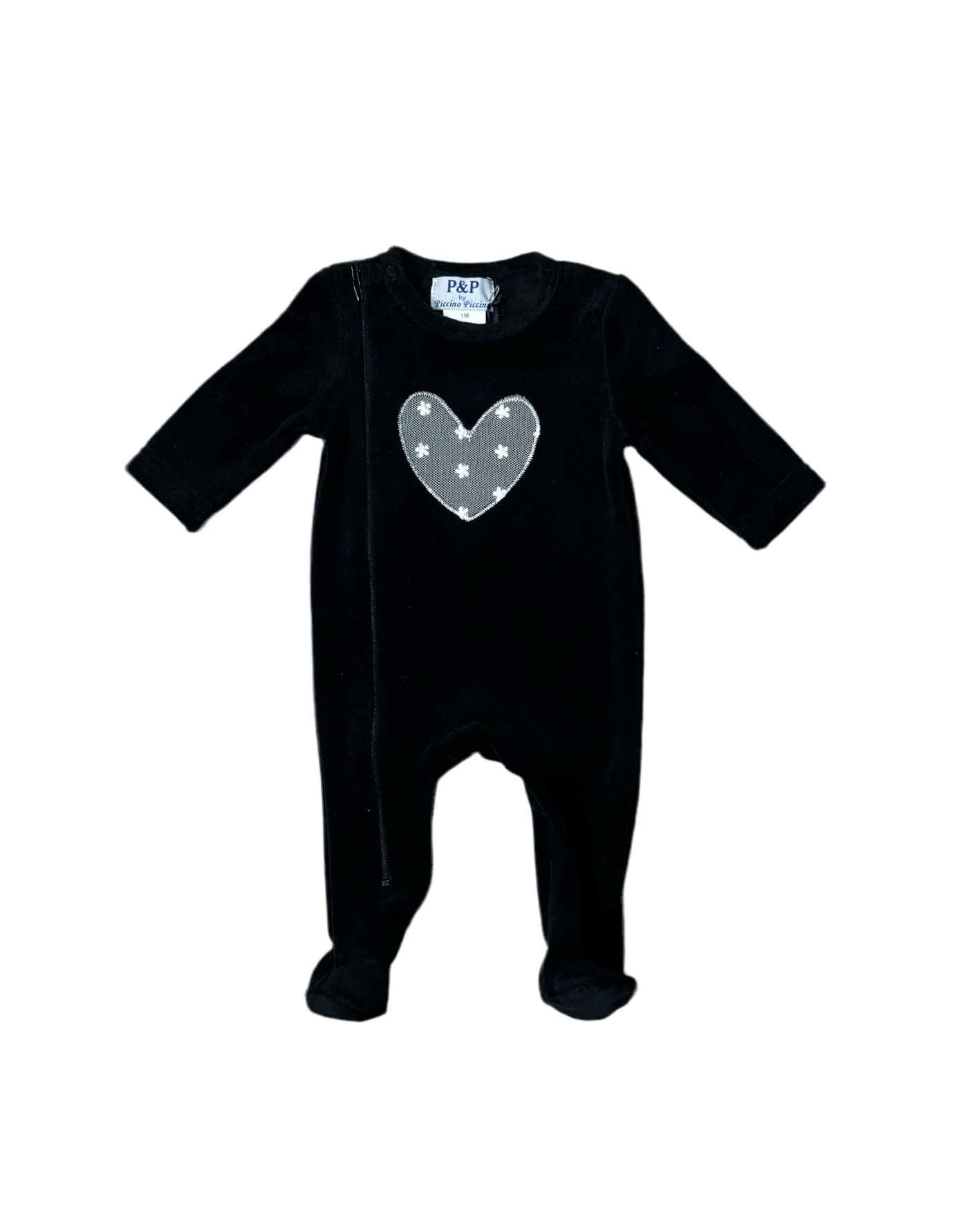 Piccino Heart Collection Black Velour Footie with Side Zipper