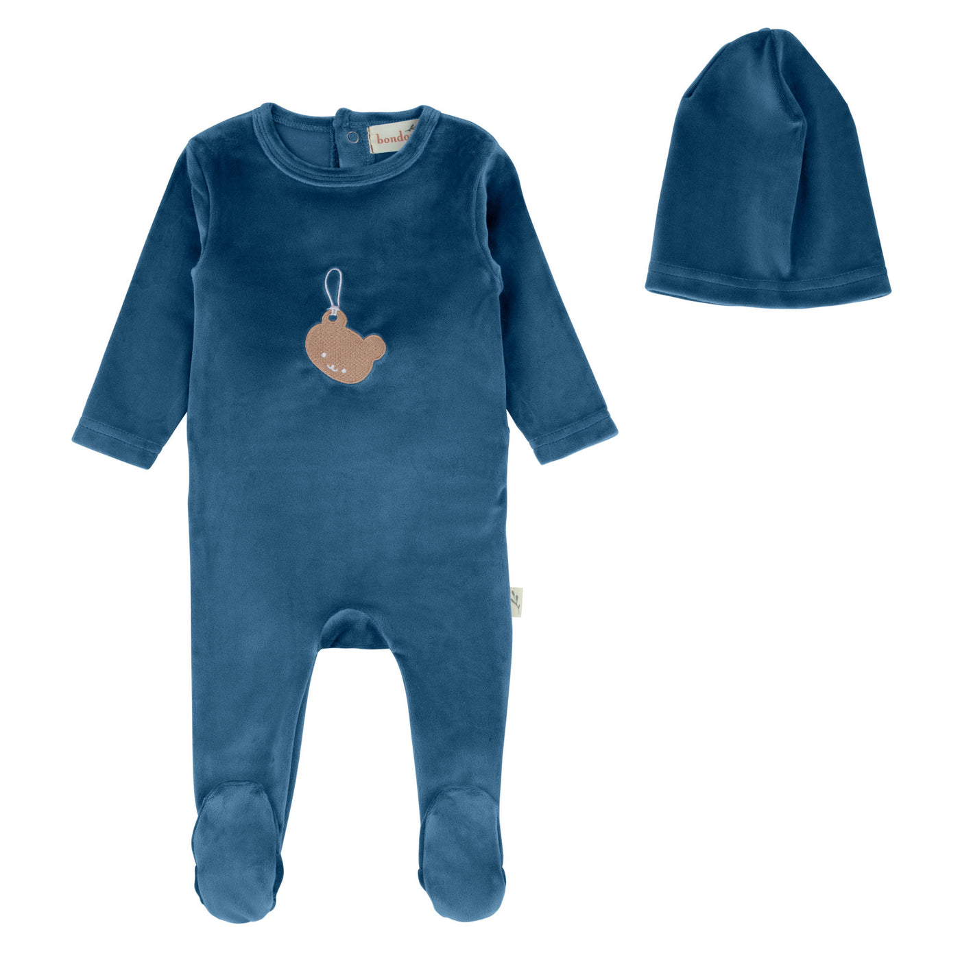 Bondoux Bebe Hanging Teddy Blue Velour Footie with Beanie