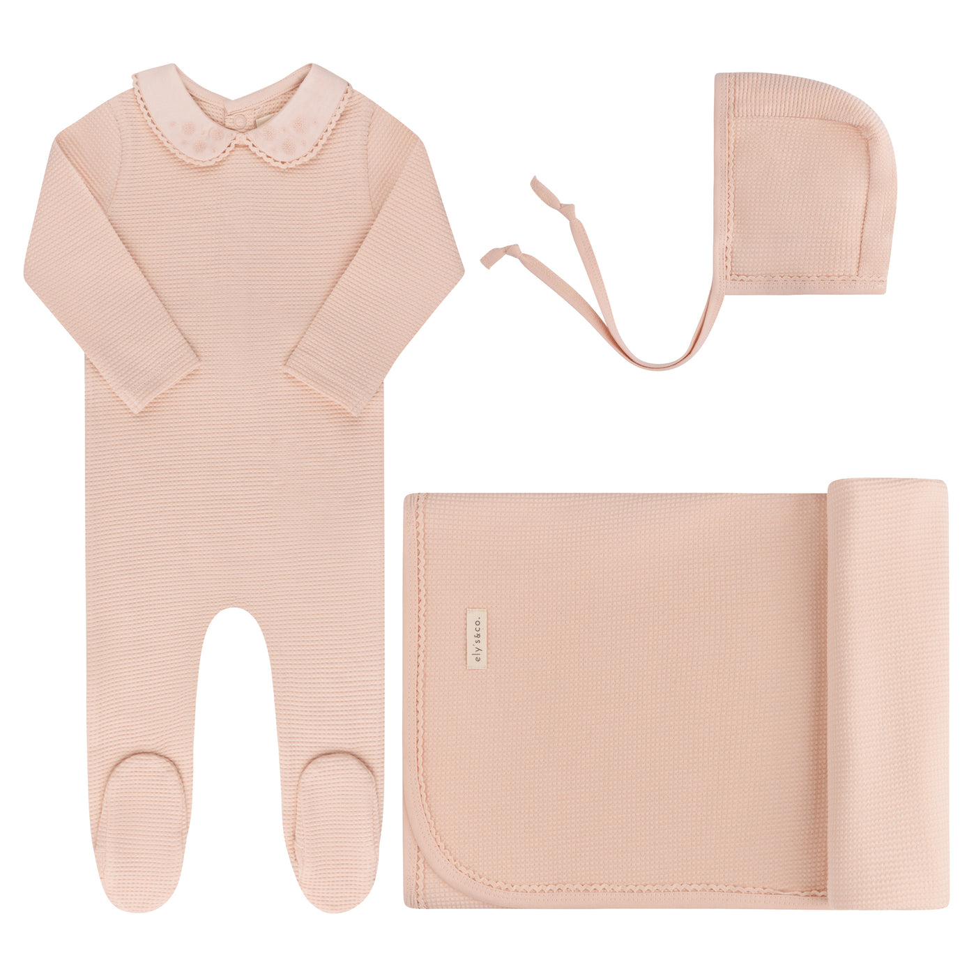 Ely's & Co. Embroidered Collar Collection Pink Cotton Waffle Three Piece Set