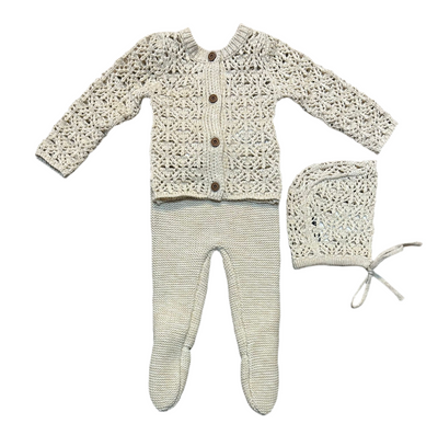 Papillon Cream Knit Overall Footie with Crochet Cardigan & Bonnet