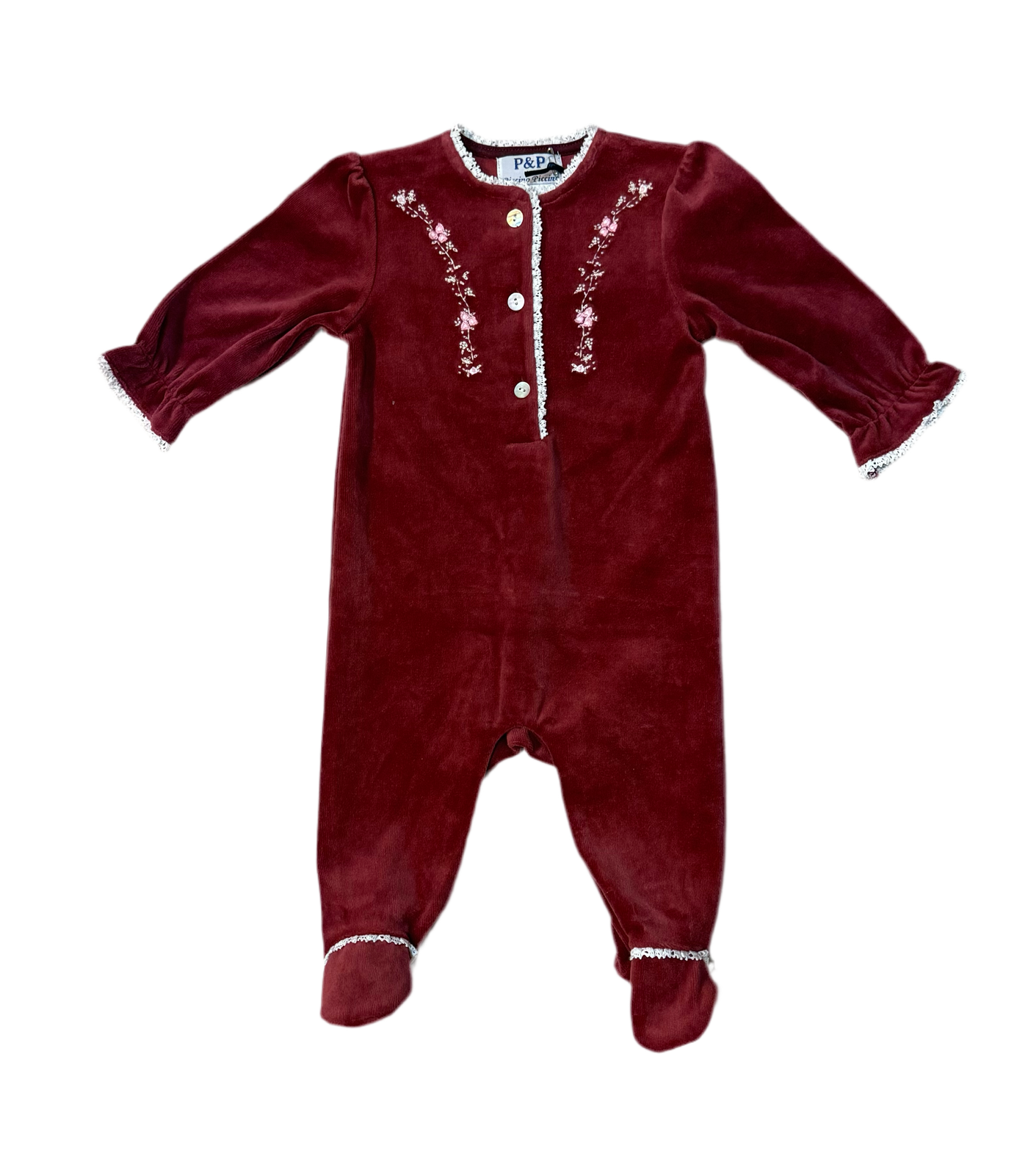 Piccino Floral Embroidery/Lace Trim Wine Velour Footie