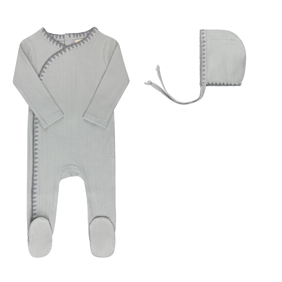 Ely's & Co. Whip Stitch Collection Blue Cotton Footie with Bonnet