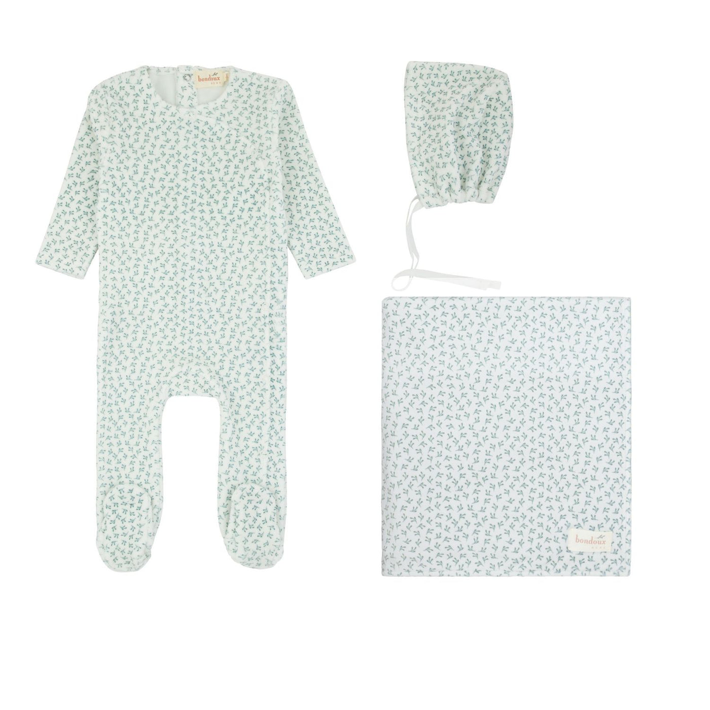 Bondoux Bebe Leaf Blue Velour Three Piece Set