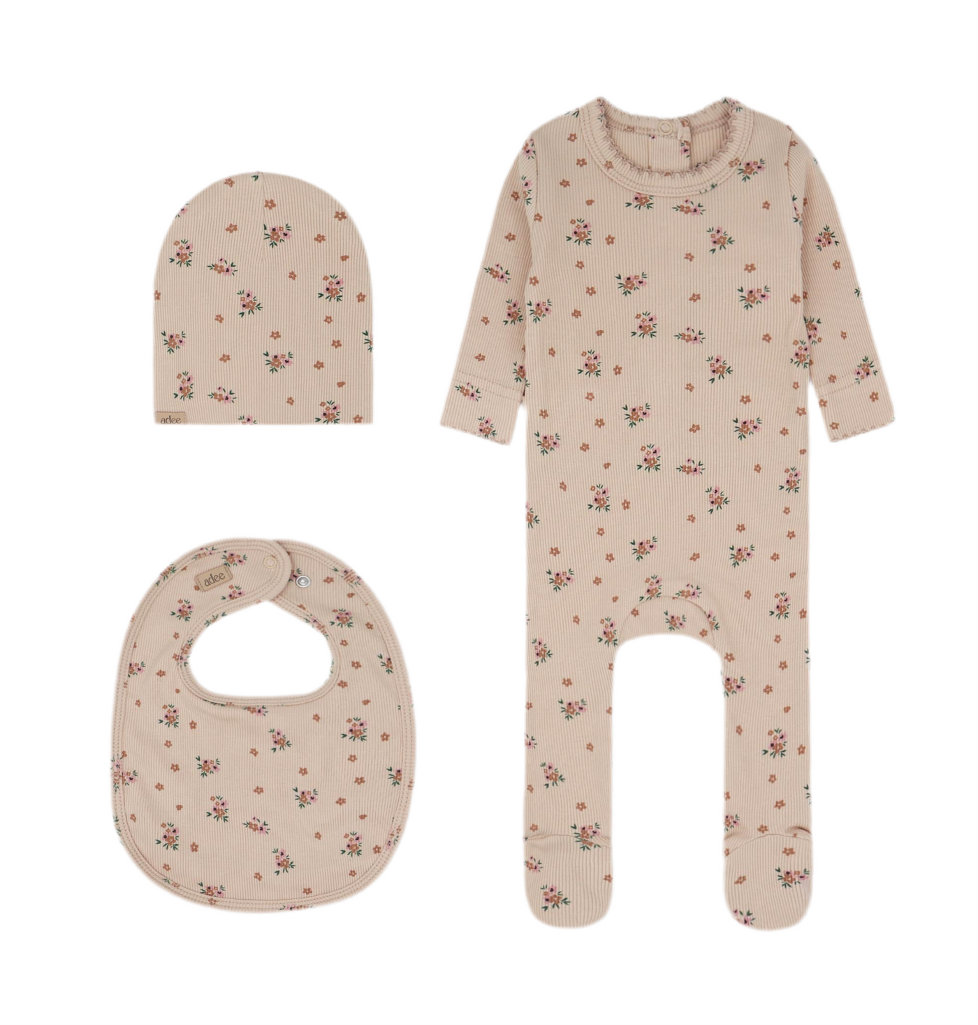 Adee Vintage Gold Floral Cotton Ribbed Footie with Beanie & Bib