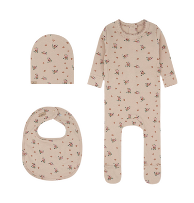 Adee Vintage Gold Floral Cotton Ribbed Footie with Beanie & Bib