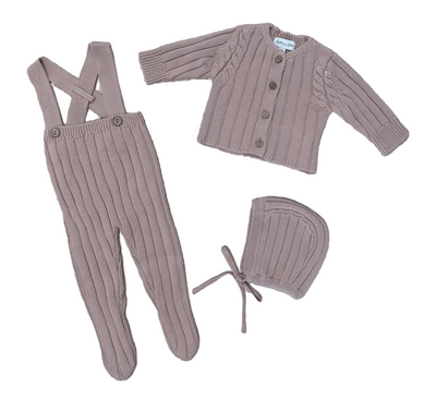 Papillon Mauve Knit Overall Footie with Sweater & Bonnet