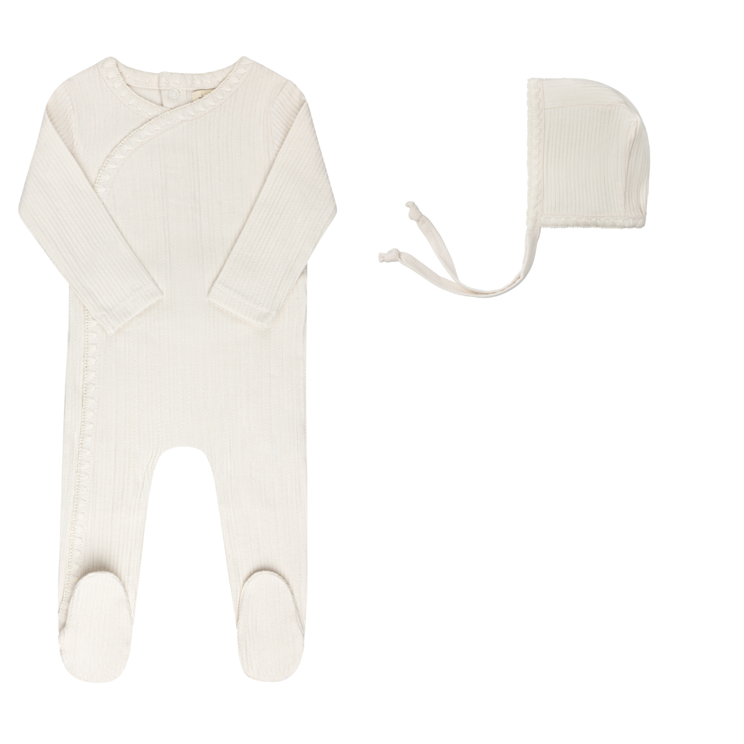 Ely's & Co. Whip Stitch Collection Ivory Cotton Footie with Bonnet