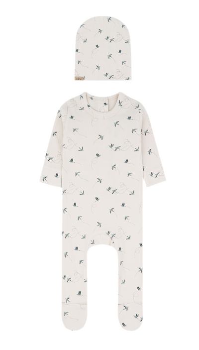 Adee Fly Away Cream Ribbed Cotton Footie with Beanie