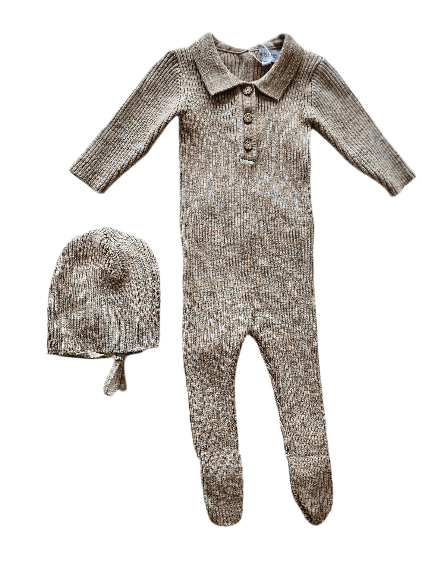 Sparkle Me Knit Rib With Collar Heather Brown Footie  With Beanie