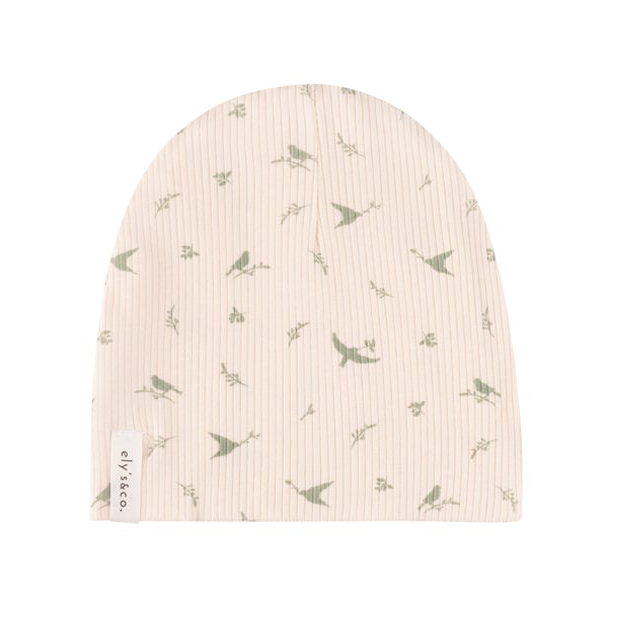 Ely's & Co. Birds Ribbed Cotton Cream/Sage Footie with Beanie