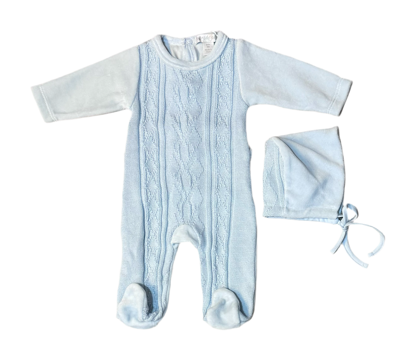 Chante de Joie Knit Panel Blue Velour Footie with Bonnet