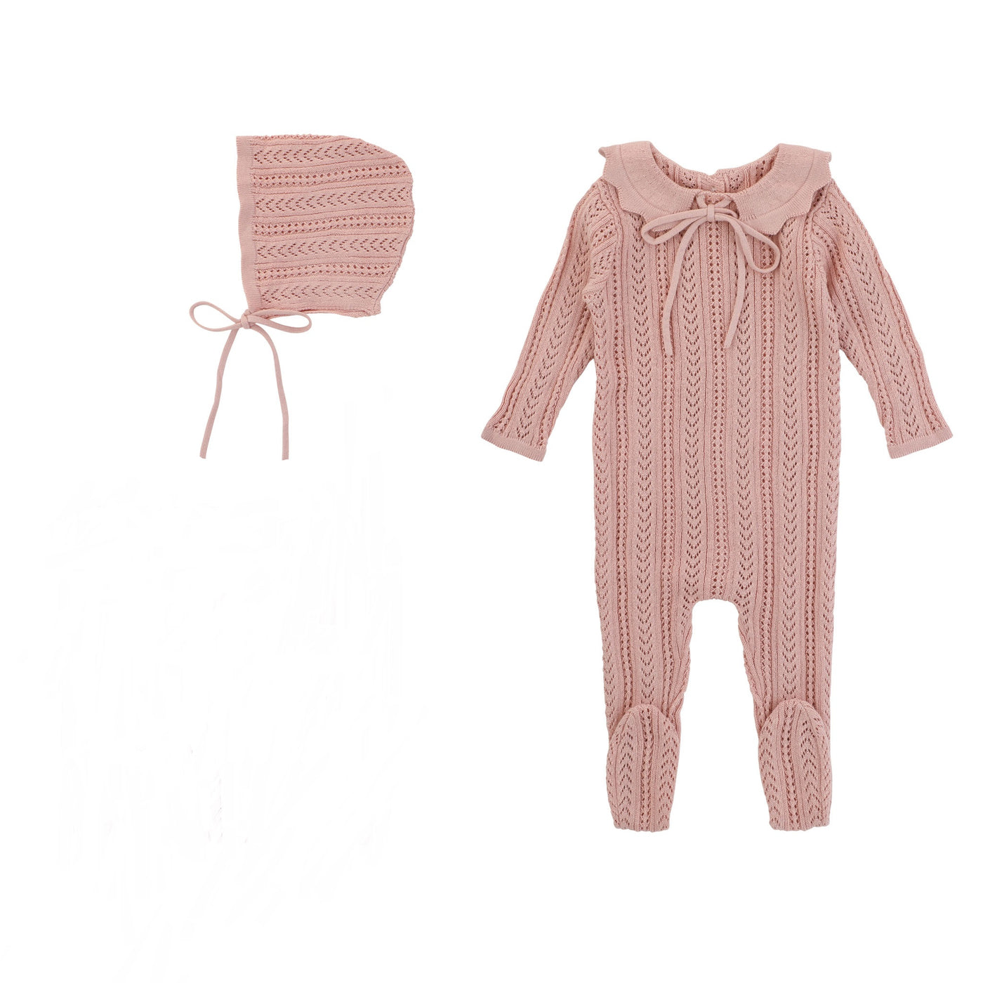 Rompp Pointelle Knit Light Pink Footie with Bonnet