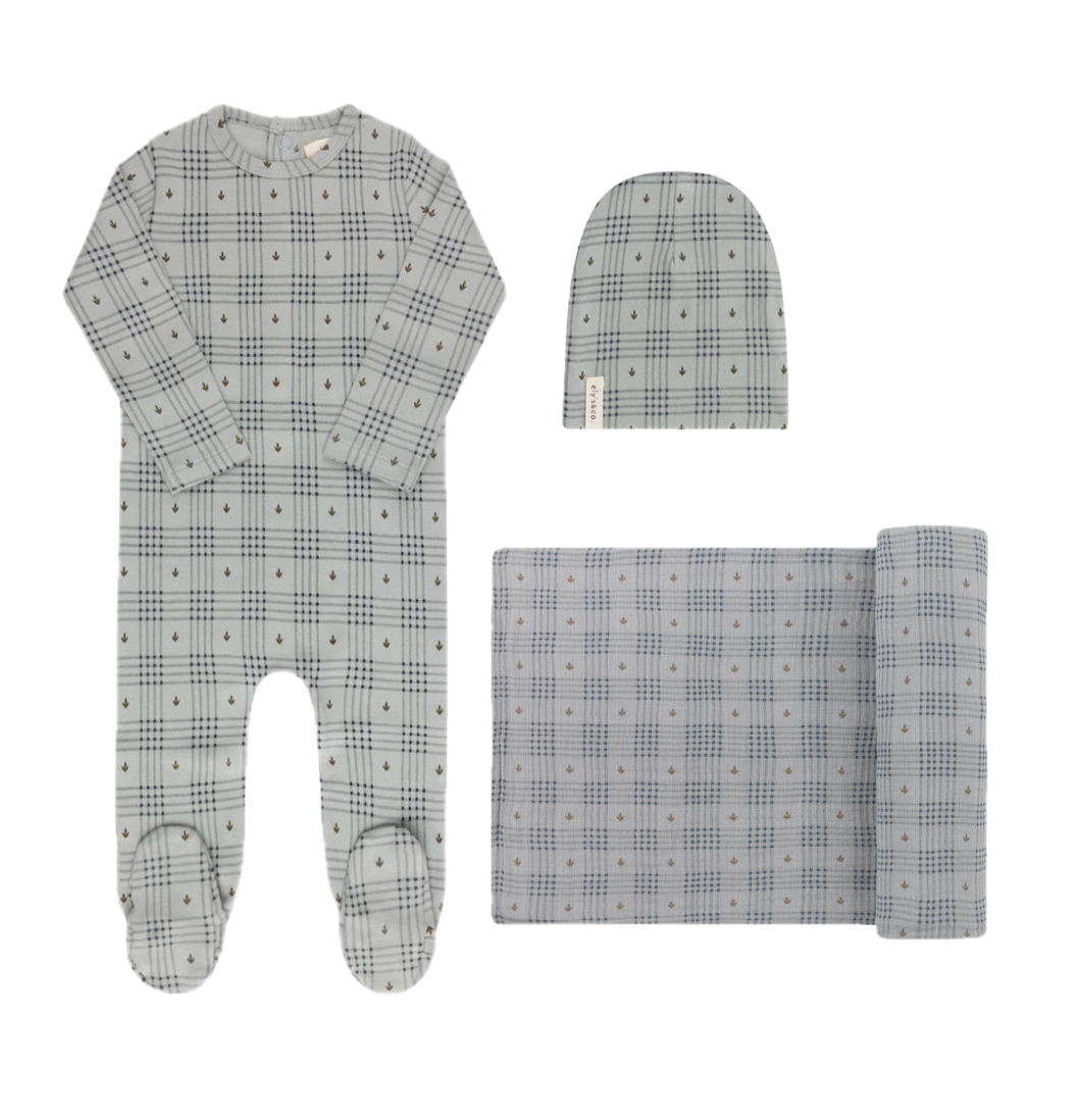 Ely's & Co. Floral Plaid Collection Blue Cotton Three Piece Set