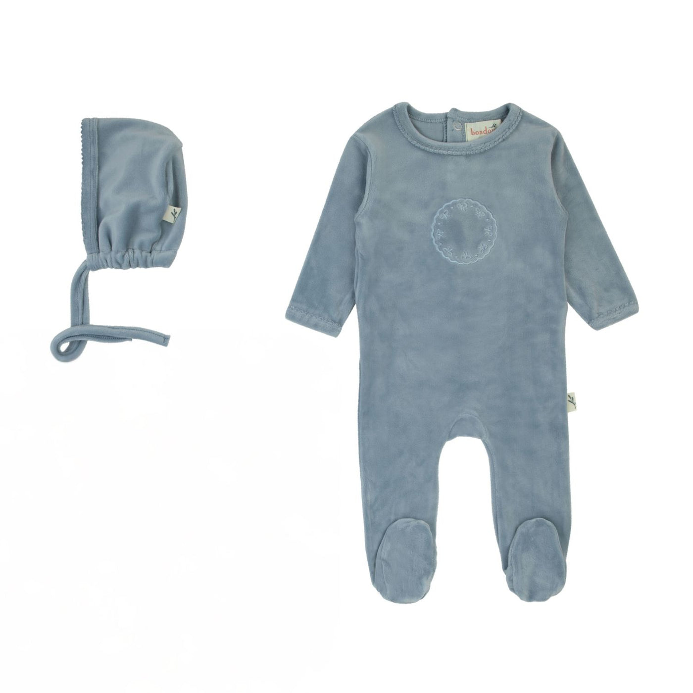 Bondoux Bebe Bow Stone Blue Velour Footie with Bonnet