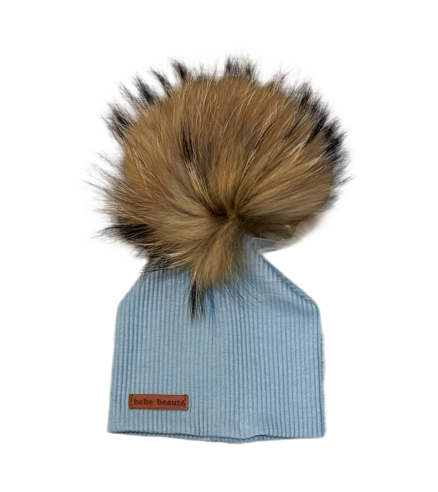 Bebe Beaute Ribbed Blue Beanie with Neutral Pompom