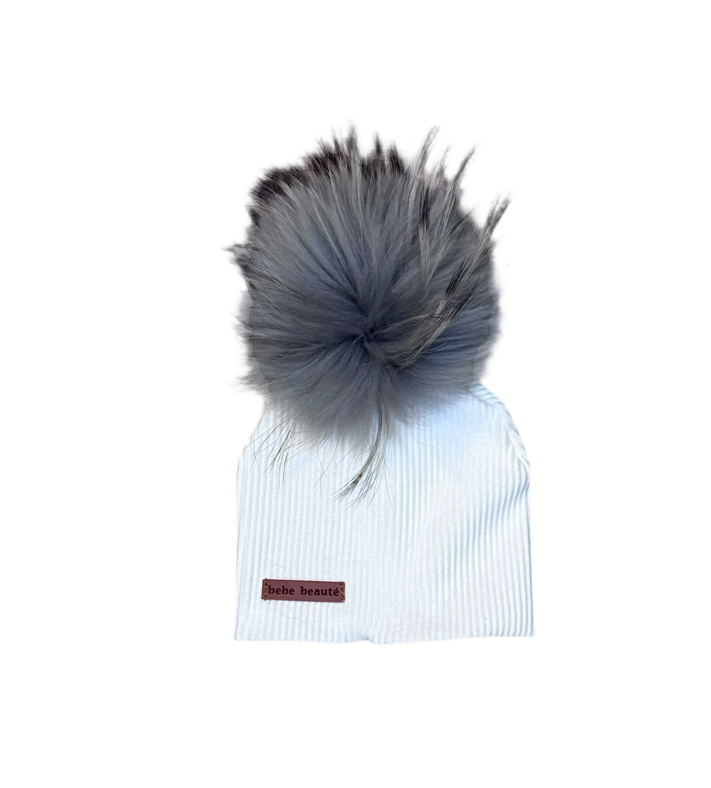 Bebe Beaute Ribbed White Beanie with Blue Pompom