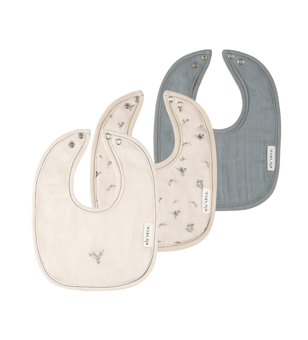 Ely's & Co. 3 Pack Bibs - Blue Tan Gingko/Embroidery Collection