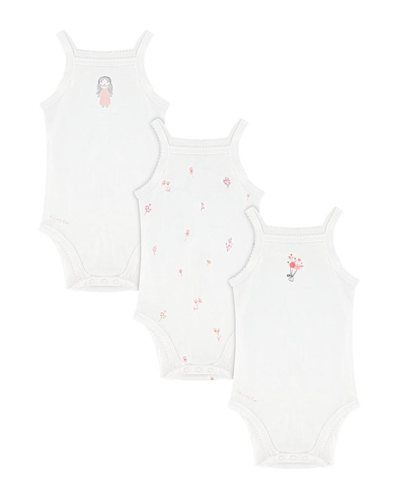 Aime Three Pack Spaghetti Strap Snap Crotch Undershirts - White/Pink Prints