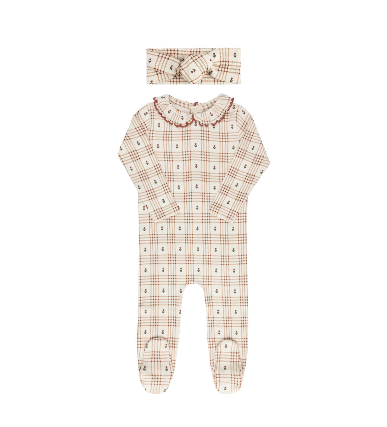 Ely's & Co. Floral Plaid Collection Ivory/Pink Cotton Footie with Knot Headband