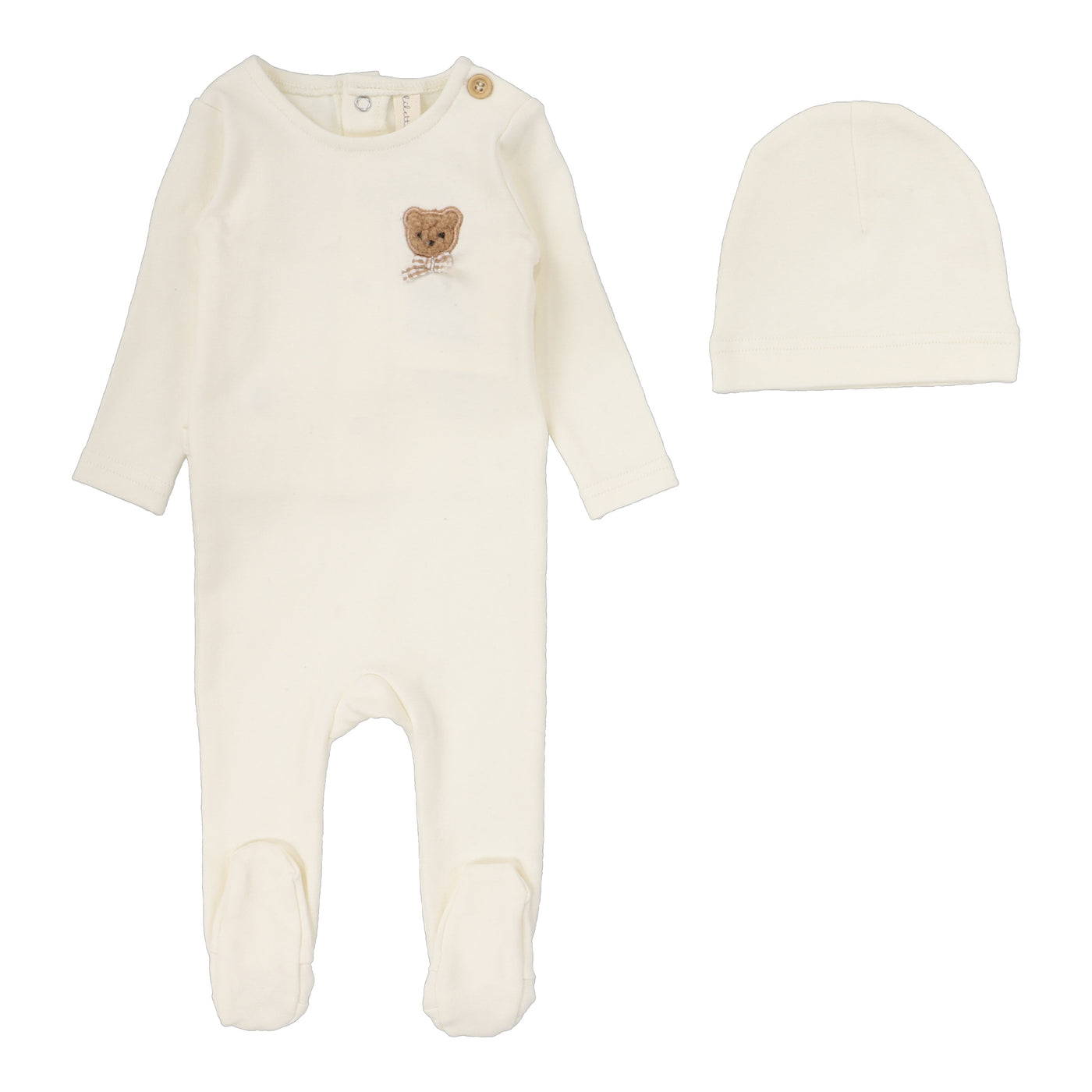Lilette Bear Applique Cream Cotton Footie with Beanie