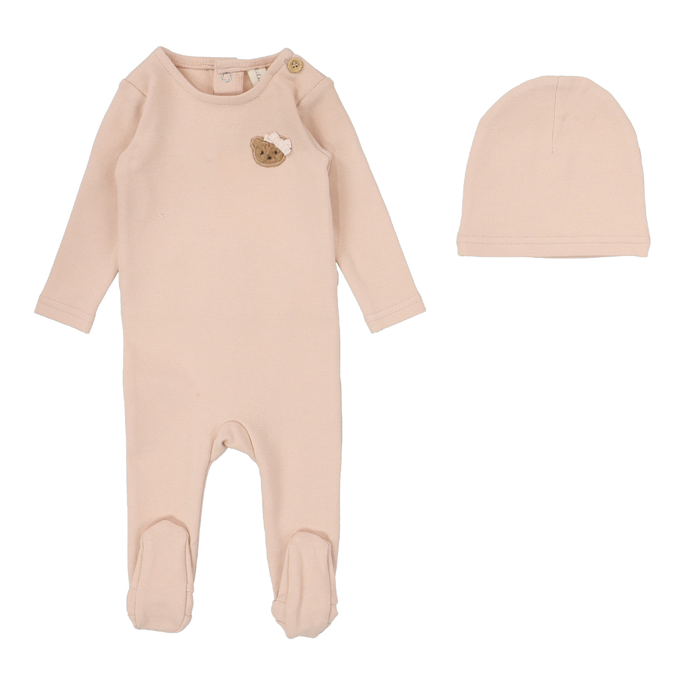 Lilette Bear Applique Dusty Pink Cotton Footie with Beanie