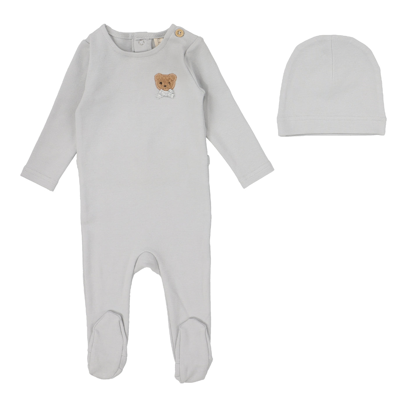Lilette Bear Applique Pale Blue Cotton Footie with Beanie