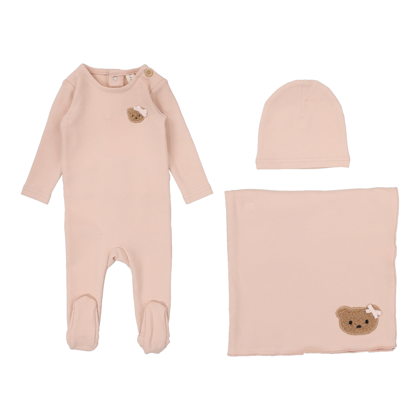 Lilette Bear Applique Dusty Pink Cotton Three Piece Set