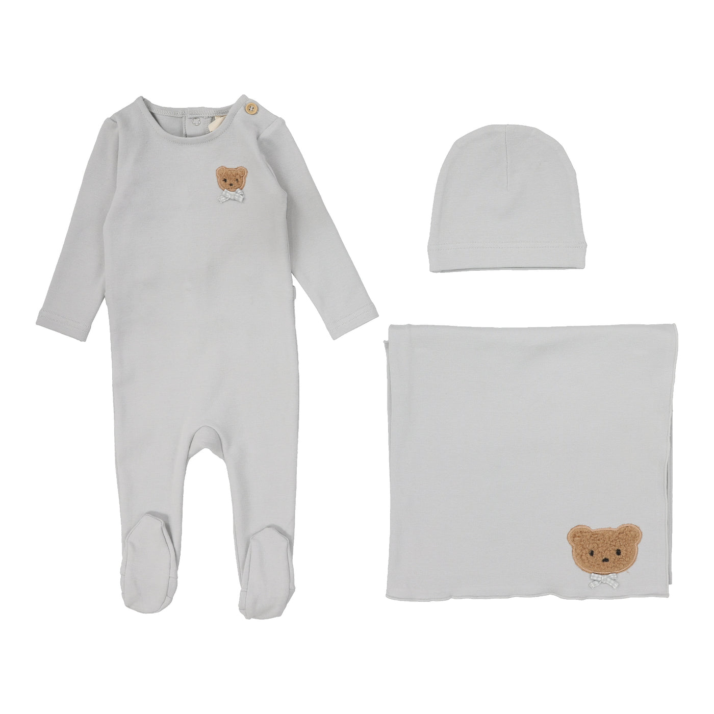 Lilette Bear Applique Pale Blue Cotton Three Piece Set